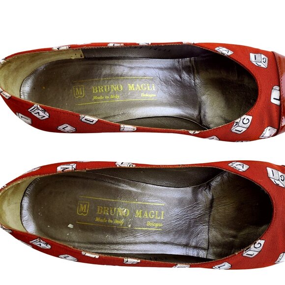 Bruno Magli 80s Vintage Red Heels 7.5 Novelty Dice Leather Canvas Rare Italy - Picture 13 of 14